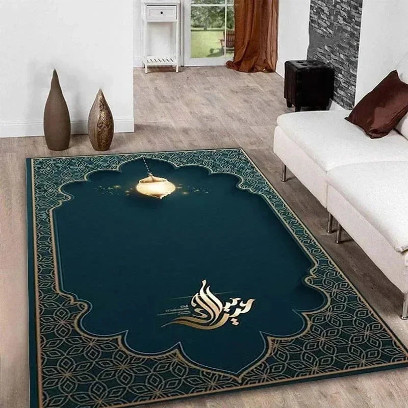 Ramadan Kareem Muslim Prayer Floor Mat Soft Poly Kneeling Rug for Islam Festival Worship Non-Slip Carpet for Home or Mosque Area
