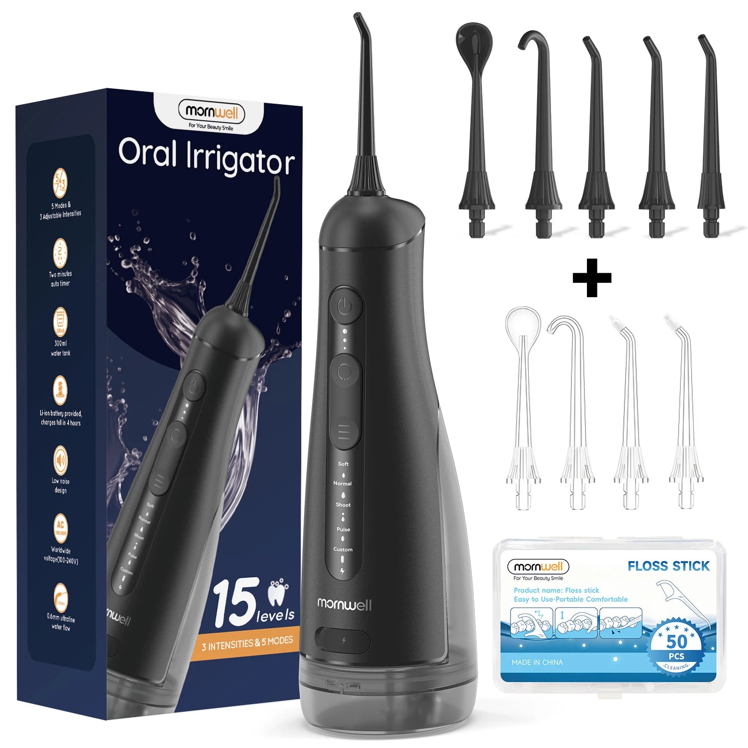 Portable Oral Irrigator with 5 Jet Tips , 5 Cleaning Modes of 3 water pressure , 300ml Water Tank IPX7 Waterproof Water Flosser