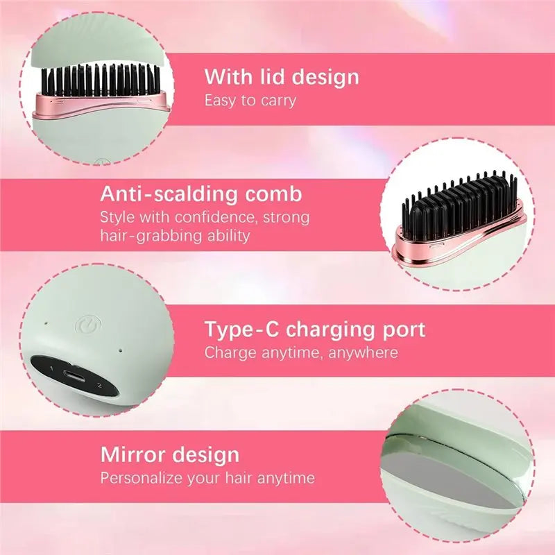 【ESSENTIALS 】Rechargeable Cordless Mini Straightener Comb, Portable Hair Styler With 3 Temperature Settings For Quick Touch-Ups