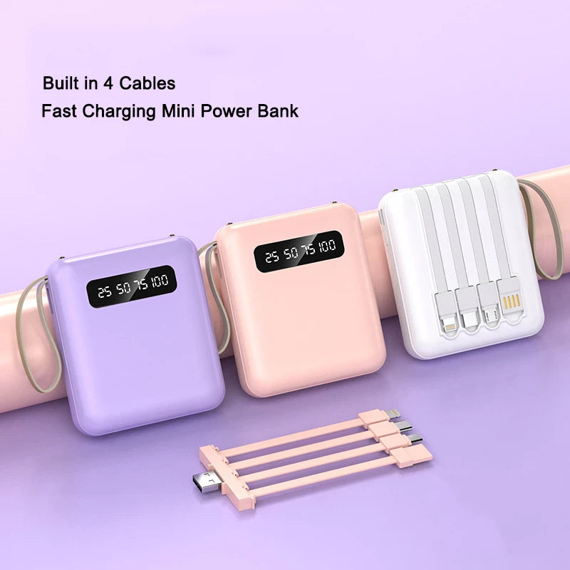 Mini Power Bank Fast Charge Large Capacity 20000mAh Mirror Screen Portable Powerbank With Cable for iPhone Xiaomi 14 Samsung S23