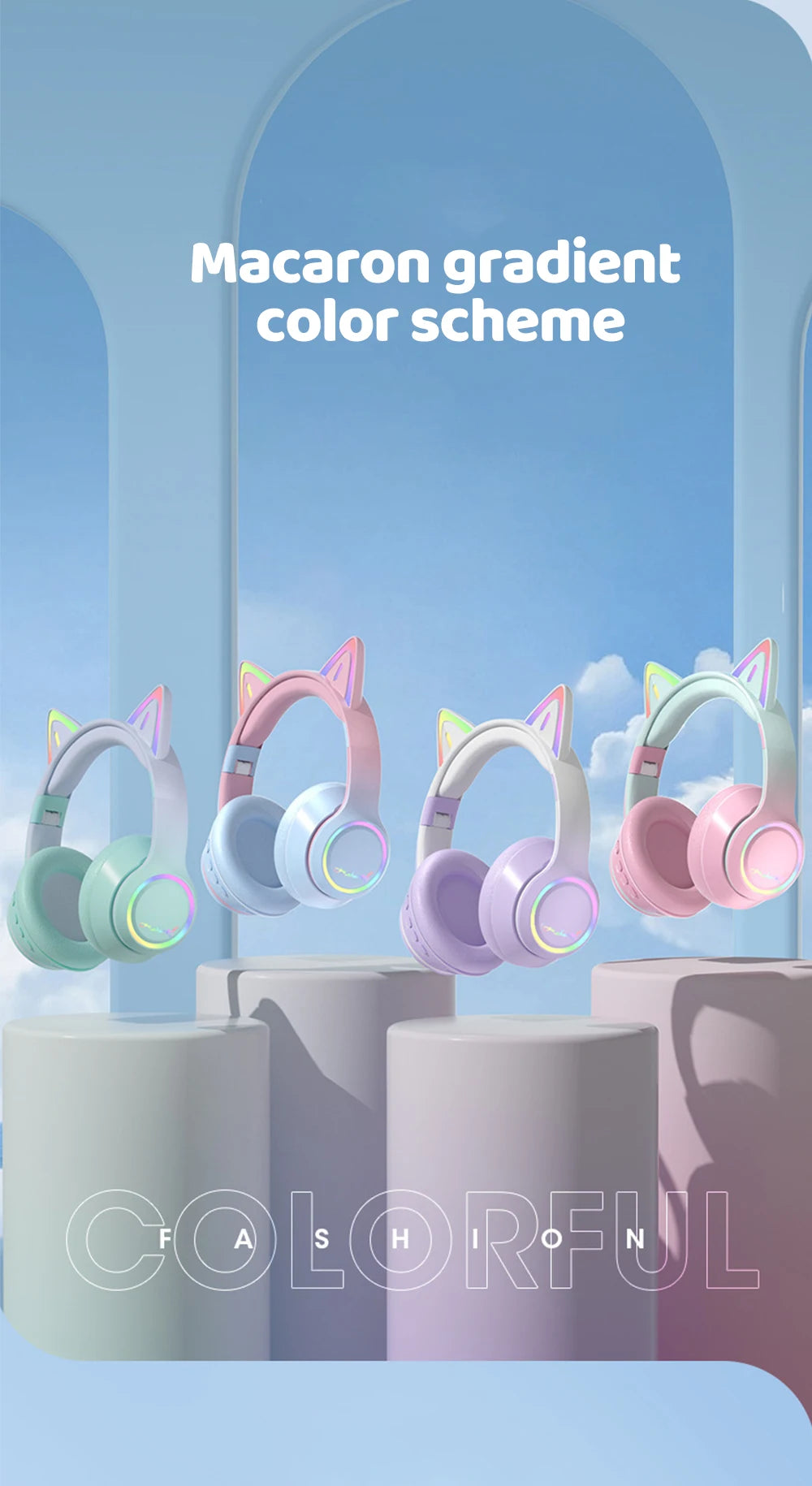 RGB Cat Ear Bluetooth Headphones For Girls Gradient Wireless Headphones With Microphone Stereo Music Game Earphones Kids Gifts