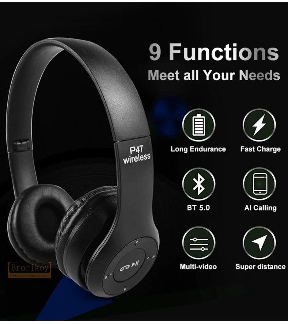 P47 Wireless Headphones Bluetooth 5.0 Earphones Foldable HIFI Stereo Bass for Music Gaming Kid Girl Earphone for iPhone XiaoMi
