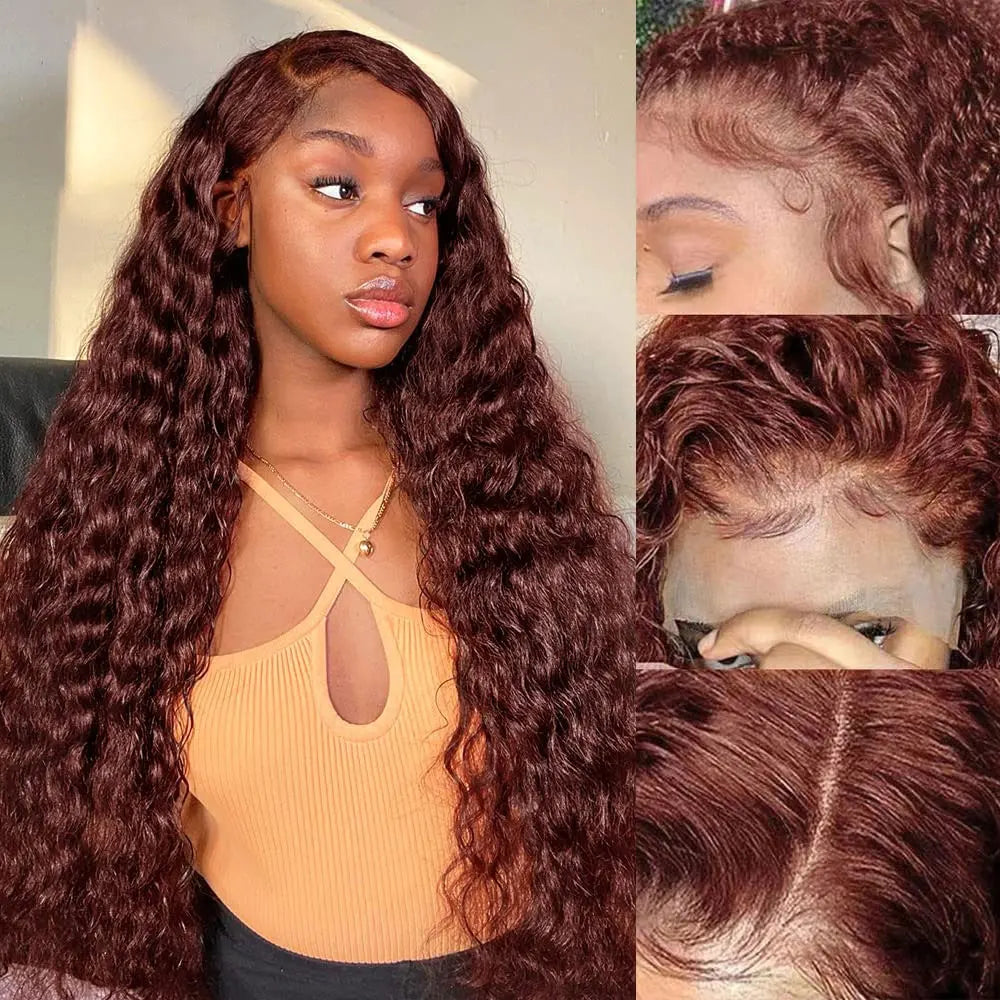 13x4 Reddish Brown Deep Wave Frontal Wig 13x6 HD Lace Front Human Hair Wigs For Women Deep Curly Human Hair Wig 4x4 Closure Wig