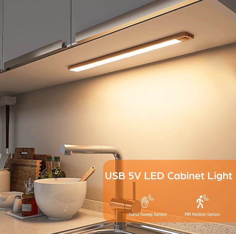 Ultra-thin USB Charging Motion Sensor LED Light Hand Scan Aluminum Bar Lamp Under Cabinet Kitchen Light Portable for Bed Closet