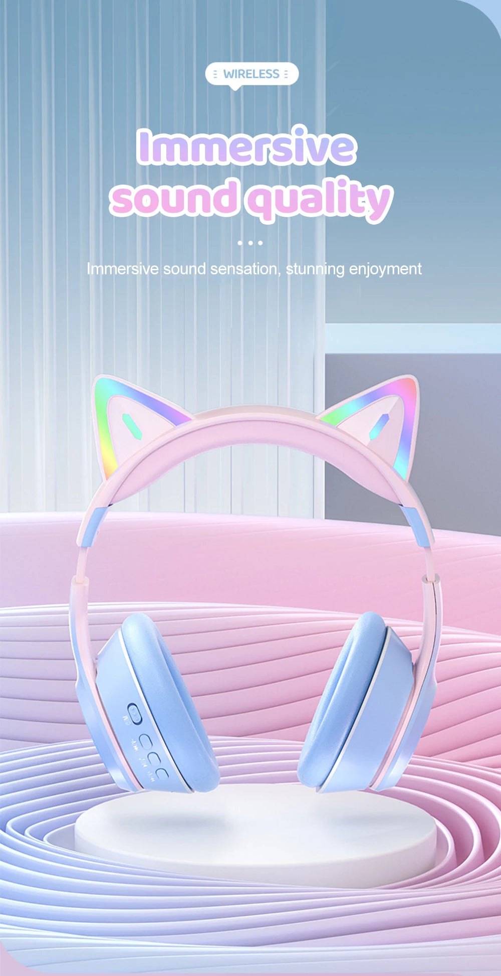 RGB Cat Ear Bluetooth Headphones For Girls Gradient Wireless Headphones With Microphone Stereo Music Game Earphones Kids Gifts