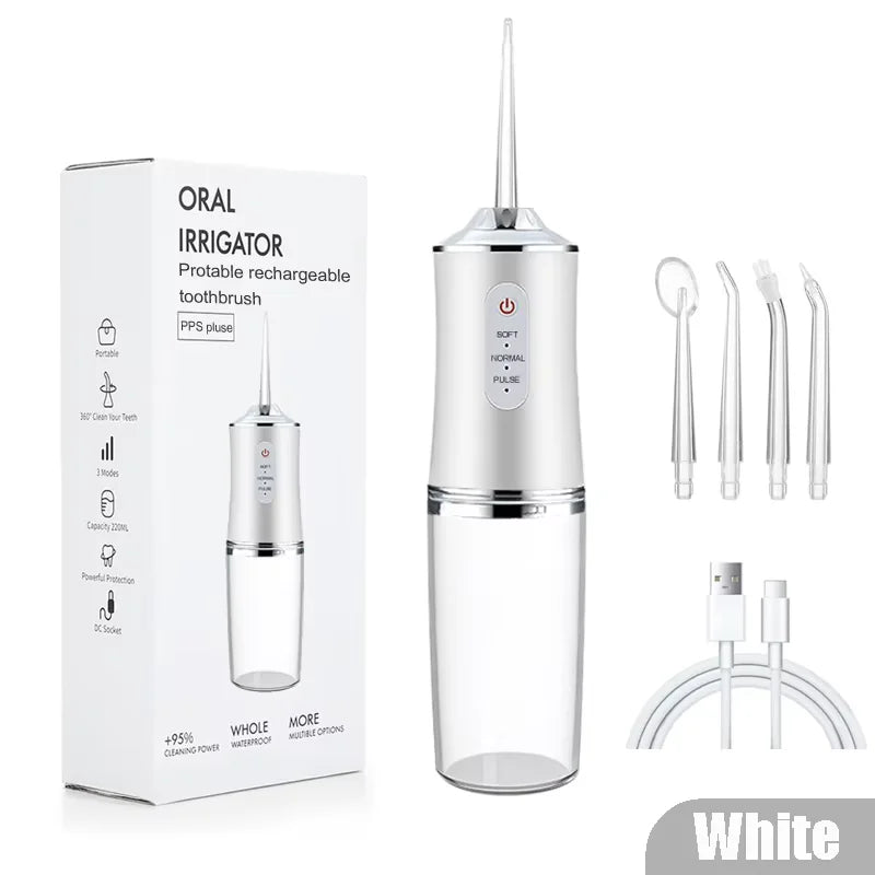 Oral Irrigator Portable Water Flosser USB Rechargeable Water Jet Floss Tooth Pick 4 Jet Tip 220ml 3 Modes