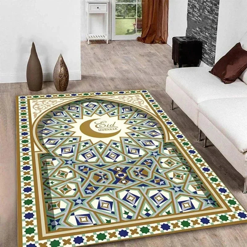 Ramadan Kareem Muslim Prayer Floor Mat Soft Poly Kneeling Rug for Islam Festival Worship Non-Slip Carpet for Home or Mosque Area