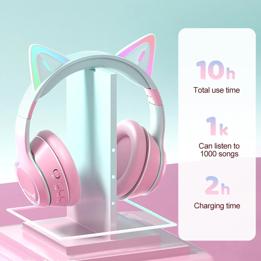RGB Cat Ear Bluetooth Headphones For Girls Gradient Wireless Headphones With Microphone Stereo Music Game Earphones Kids Gifts