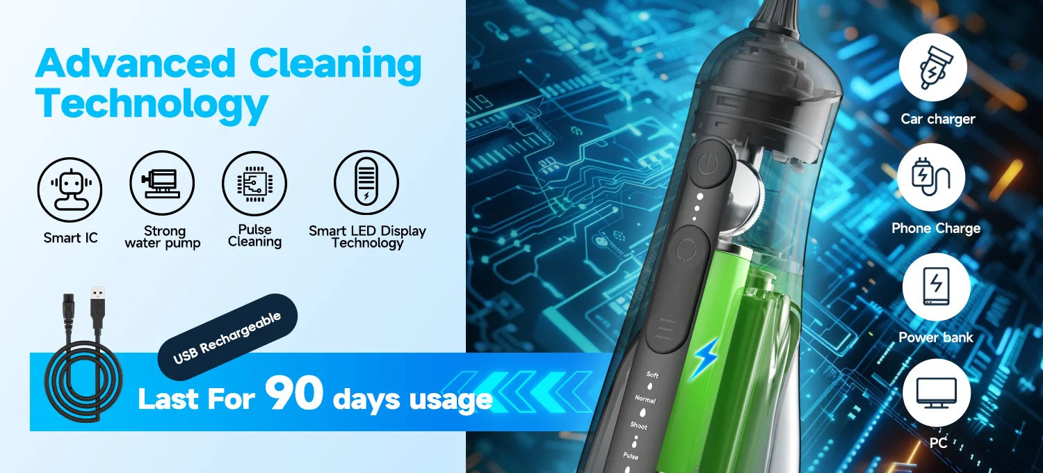 Portable Oral Irrigator with 5 Jet Tips , 5 Cleaning Modes of 3 water pressure , 300ml Water Tank IPX7 Waterproof Water Flosser