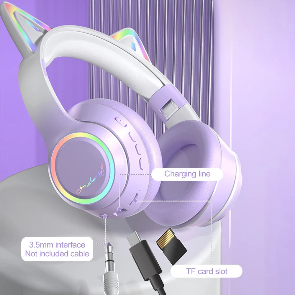 RGB Cat Ear Bluetooth Headphones For Girls Gradient Wireless Headphones With Microphone Stereo Music Game Earphones Kids Gifts