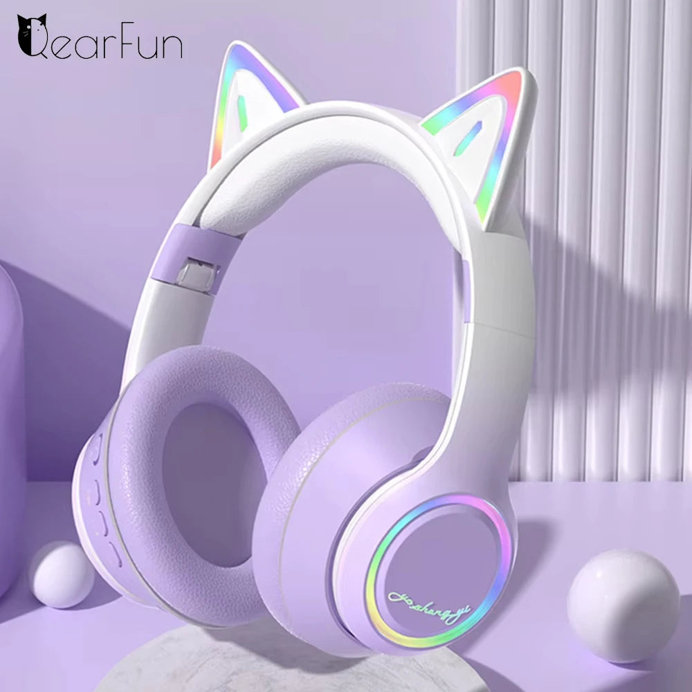 RGB Cat Ear Bluetooth Headphones For Girls Gradient Wireless Headphones With Microphone Stereo Music Game Earphones Kids Gifts