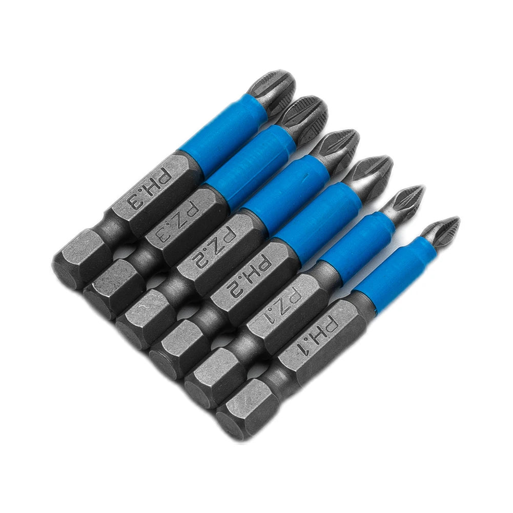 6Pc Bits Set Alloy Steel 50mm Impact Anti Non-Slip Magnetic Cross Tip PH1/PH2/PH3/PZ1/PZ2/PZ3 For 1/4" Electric Hand Screwdriver