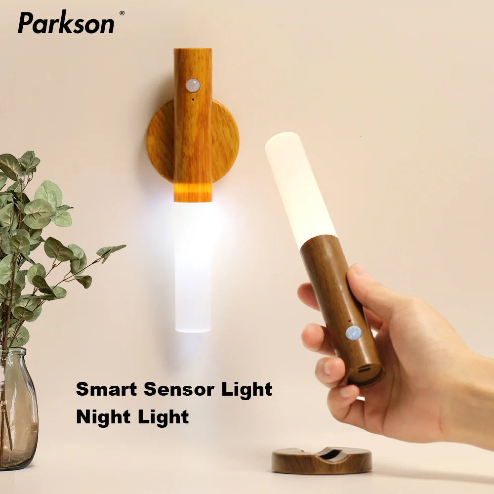 Smart Motion Sensor LED Wall Light LED Rechargeable Magnetic Wall Lamp Night Light Wood Wall Light Kitchen Cabinet Light Lamp