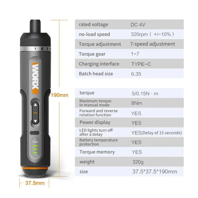Worx 30 Bit Sets Power Tools WX242 Electrical Screwdriver Set Smart Cordless Drill Screwdrivers USB Rechargeable Set Home Repair