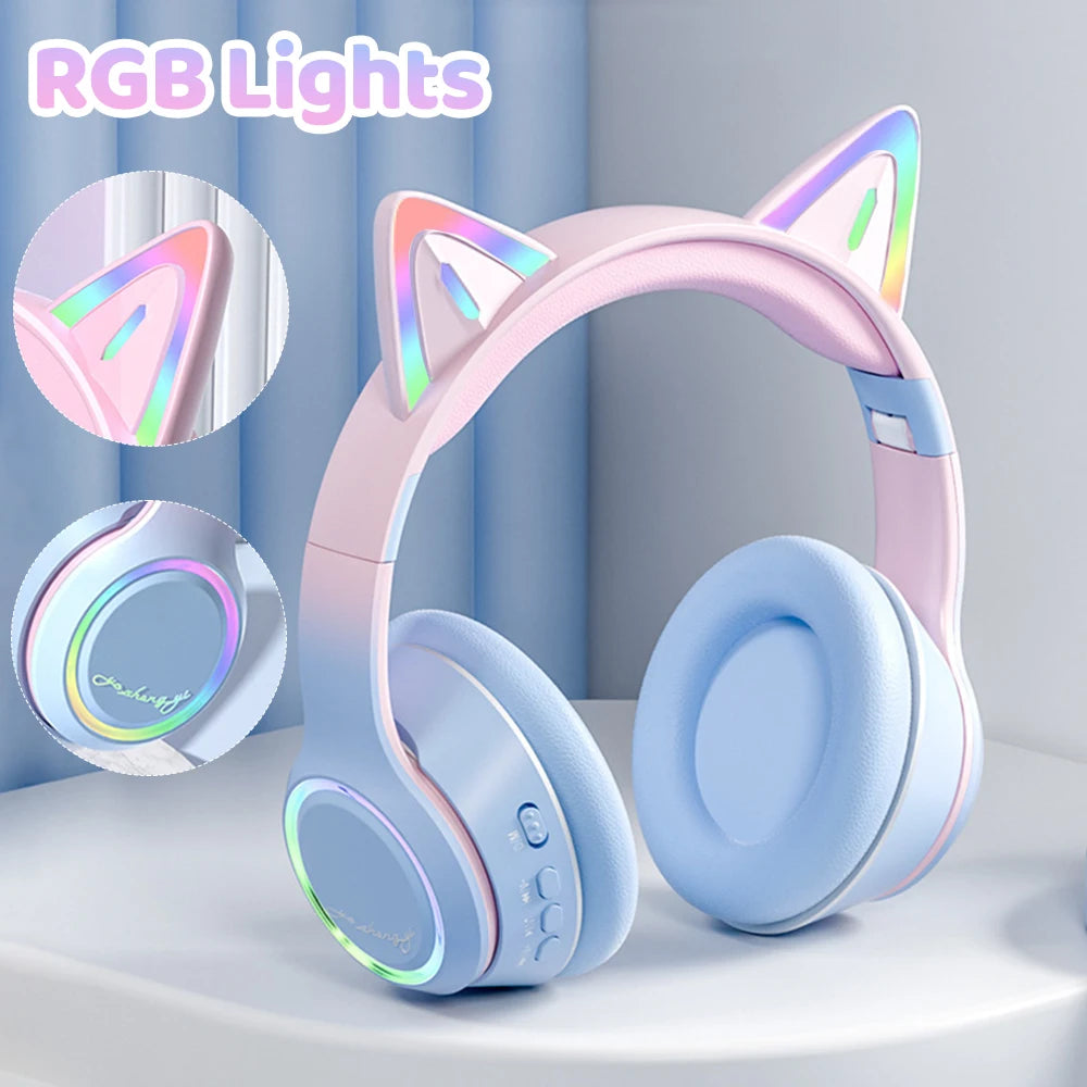RGB Cat Ear Bluetooth Headphones For Girls Gradient Wireless Headphones With Microphone Stereo Music Game Earphones Kids Gifts