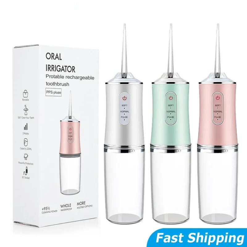 Oral Irrigator Portable Water Flosser USB Rechargeable Water Jet Floss Tooth Pick 4 Jet Tip 220ml 3 Modes