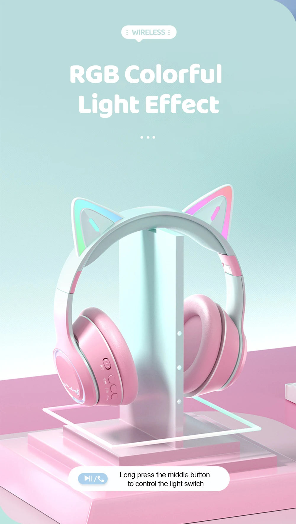RGB Cat Ear Bluetooth Headphones For Girls Gradient Wireless Headphones With Microphone Stereo Music Game Earphones Kids Gifts