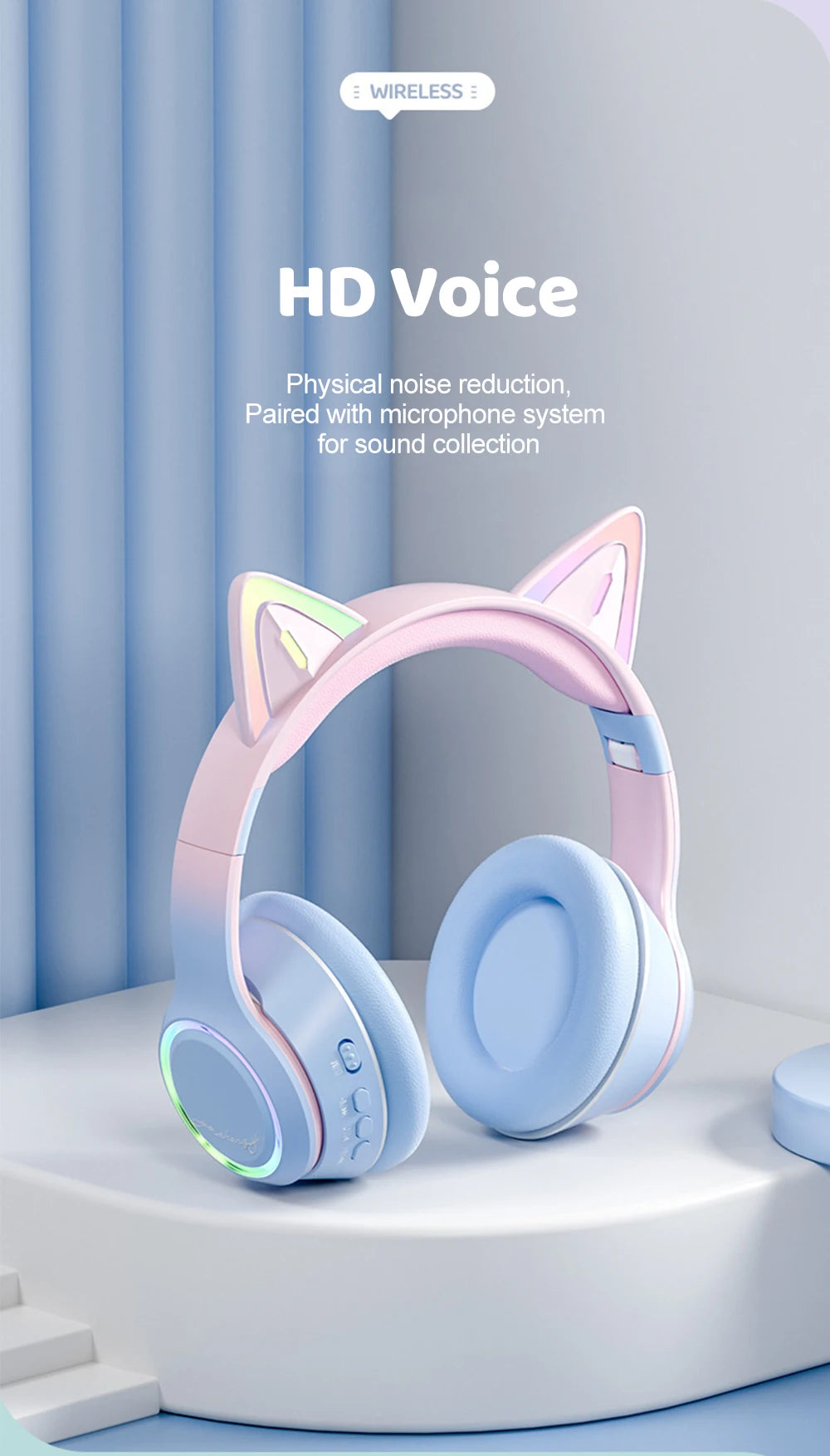 RGB Cat Ear Bluetooth Headphones For Girls Gradient Wireless Headphones With Microphone Stereo Music Game Earphones Kids Gifts