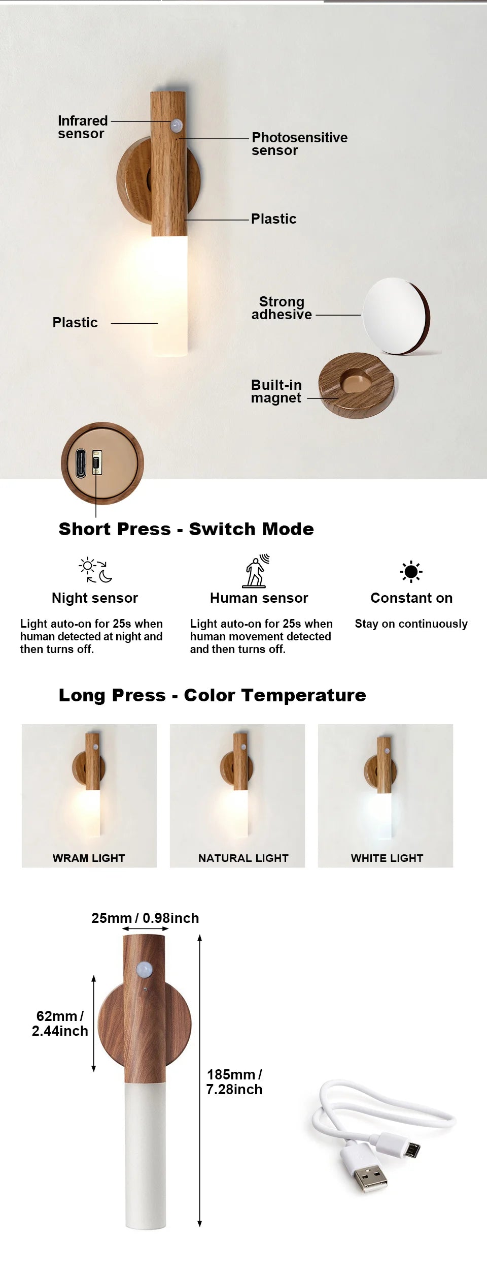 Smart Motion Sensor LED Wall Light LED Rechargeable Magnetic Wall Lamp Night Light Wood Wall Light Kitchen Cabinet Light Lamp