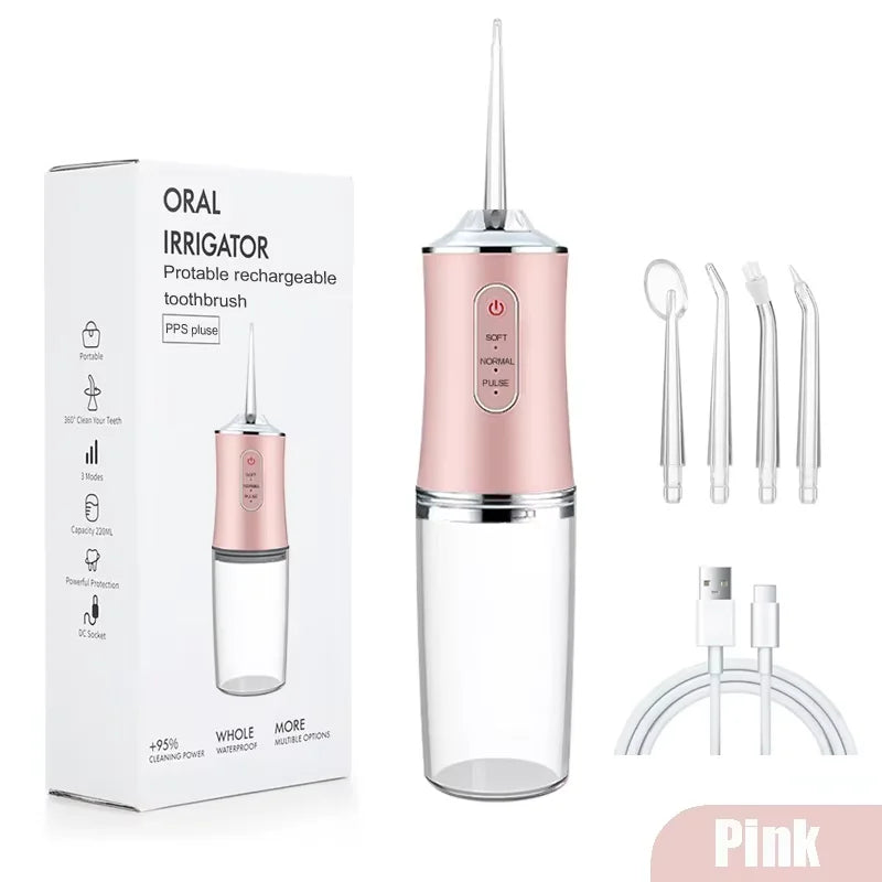 Oral Irrigator Portable Water Flosser USB Rechargeable Water Jet Floss Tooth Pick 4 Jet Tip 220ml 3 Modes