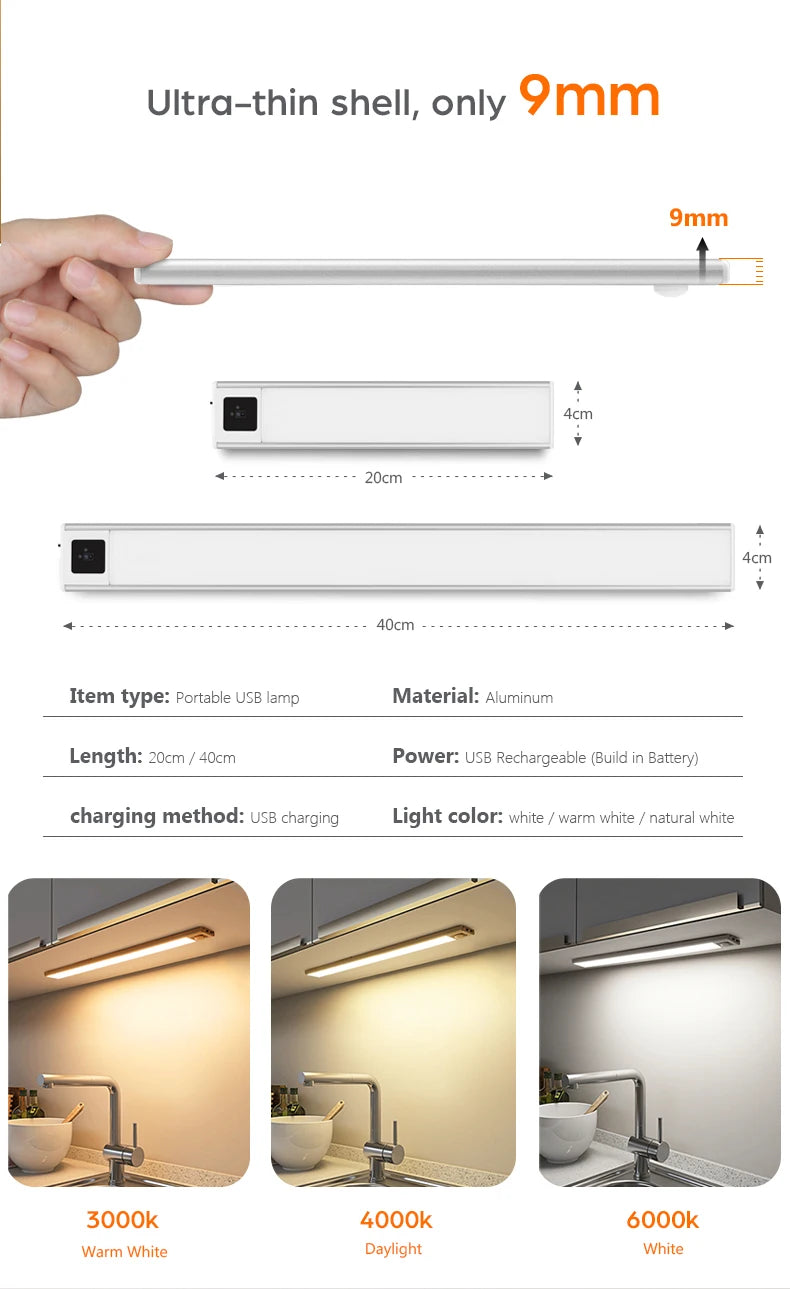 Ultra-thin USB Charging Motion Sensor LED Light Hand Scan Aluminum Bar Lamp Under Cabinet Kitchen Light Portable for Bed Closet