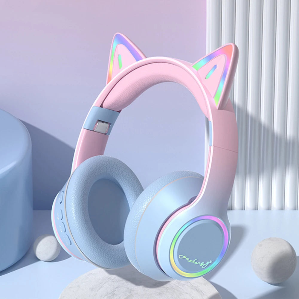RGB Cat Ear Bluetooth Headphones For Girls Gradient Wireless Headphones With Microphone Stereo Music Game Earphones Kids Gifts