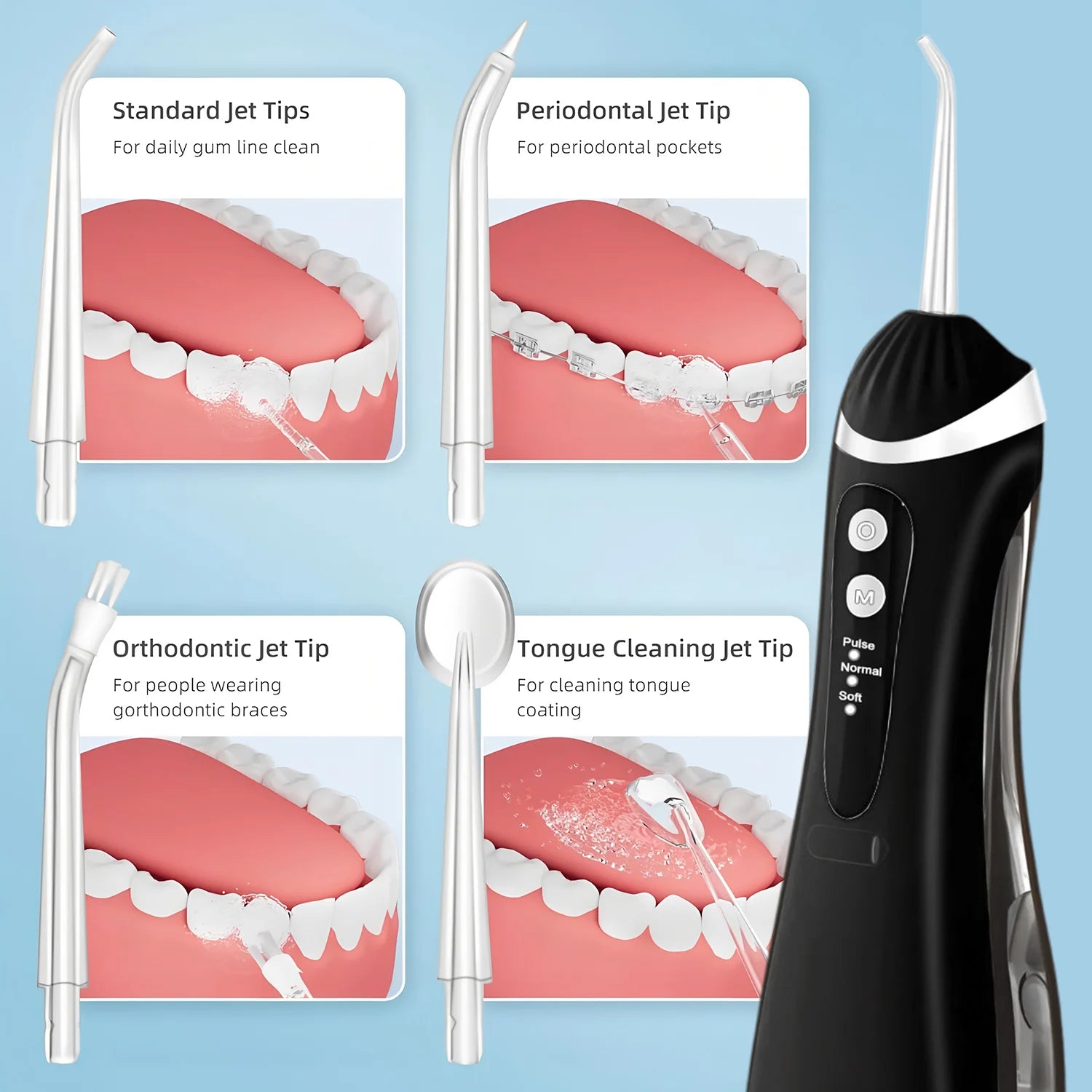 Dental Oral Irrigator Water Flosser Thread Teeth Pick Mouth Washing Machine 4 Nozzels 3 Modes USB Rechargeable 300ml Tank