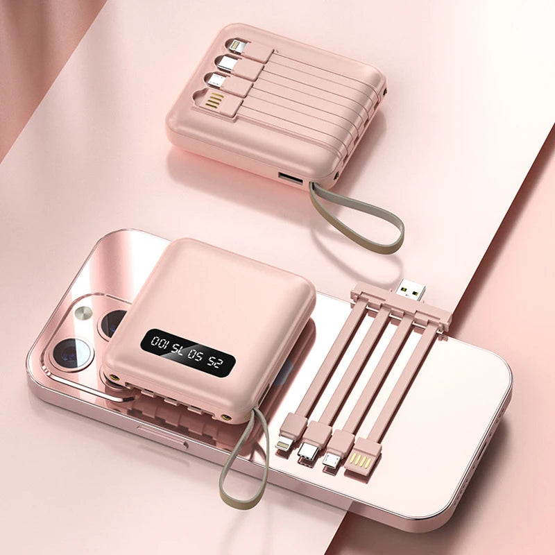 Mini Power Bank Fast Charge Large Capacity 20000mAh Mirror Screen Portable Powerbank With Cable for iPhone Xiaomi 14 Samsung S23
