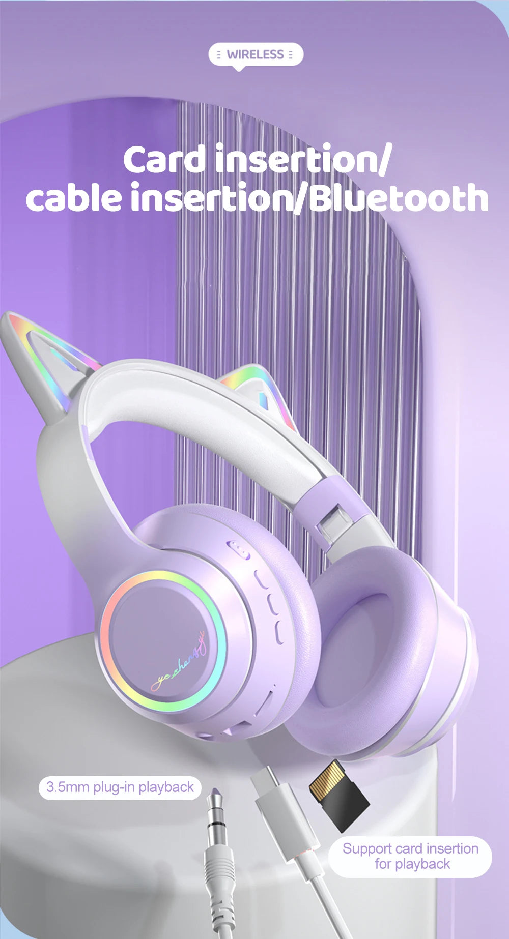 RGB Cat Ear Bluetooth Headphones For Girls Gradient Wireless Headphones With Microphone Stereo Music Game Earphones Kids Gifts