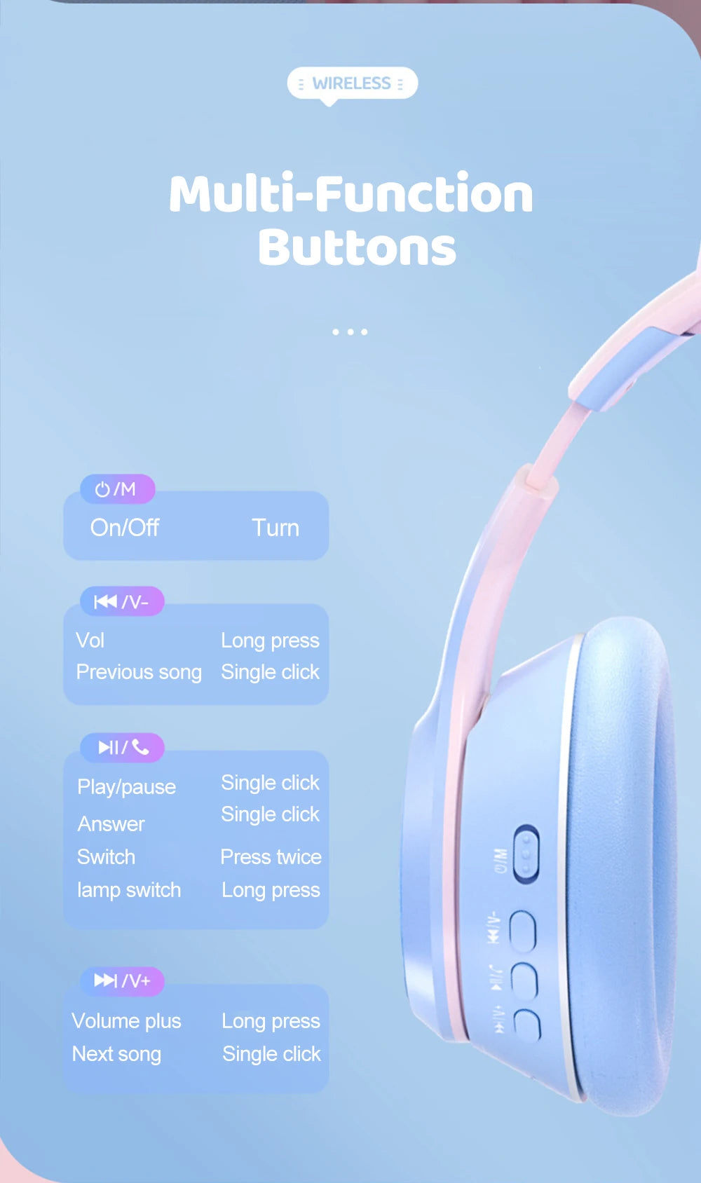 RGB Cat Ear Bluetooth Headphones For Girls Gradient Wireless Headphones With Microphone Stereo Music Game Earphones Kids Gifts