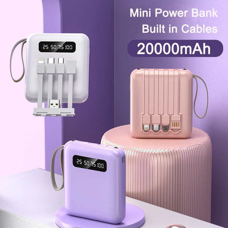 Mini Power Bank Fast Charge Large Capacity 20000mAh Mirror Screen Portable Powerbank With Cable for iPhone Xiaomi 14 Samsung S23