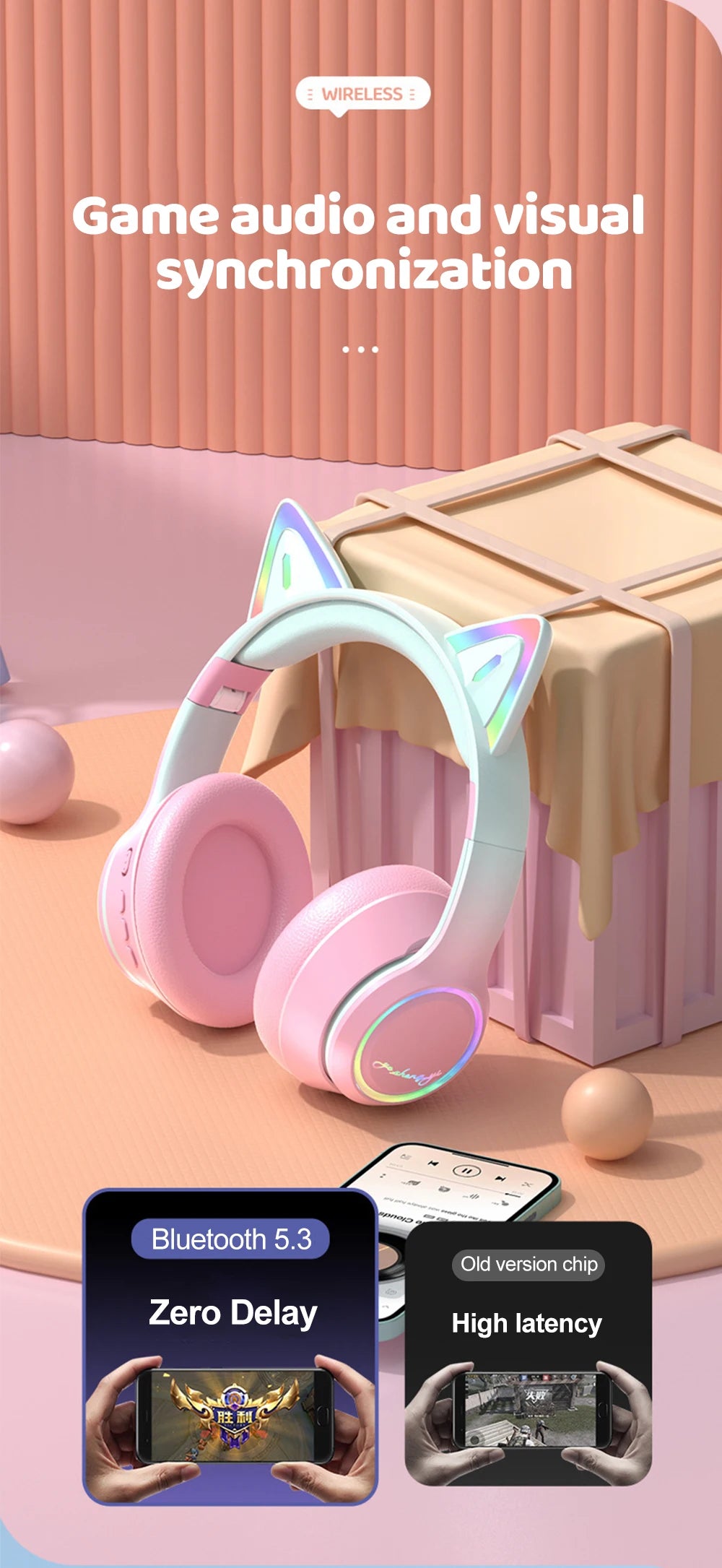 RGB Cat Ear Bluetooth Headphones For Girls Gradient Wireless Headphones With Microphone Stereo Music Game Earphones Kids Gifts