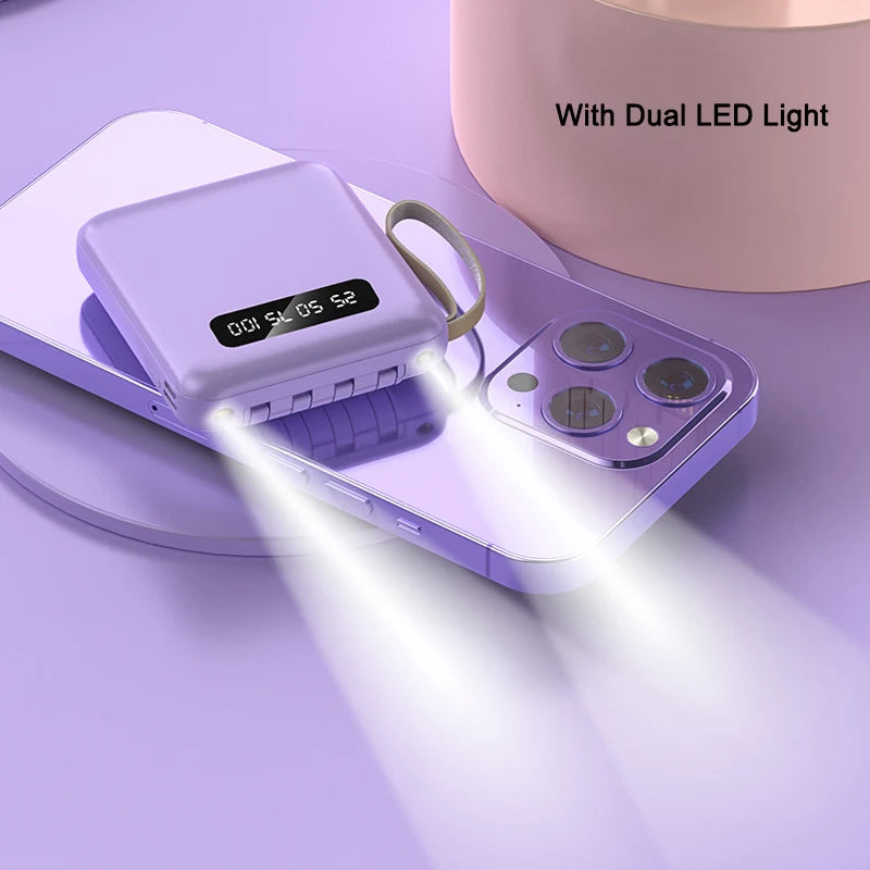 Mini Power Bank Fast Charge Large Capacity 20000mAh Mirror Screen Portable Powerbank With Cable for iPhone Xiaomi 14 Samsung S23