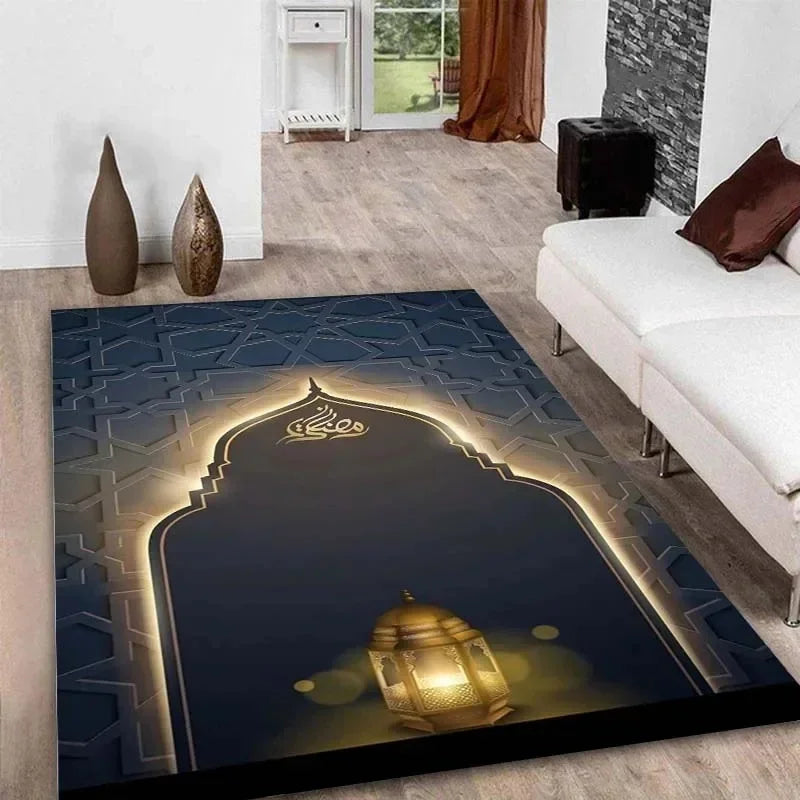 Ramadan Kareem Muslim Prayer Floor Mat Soft Poly Kneeling Rug for Islam Festival Worship Non-Slip Carpet for Home or Mosque Area