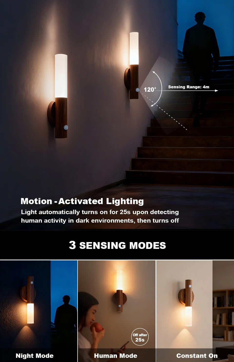 Smart Motion Sensor LED Wall Light LED Rechargeable Magnetic Wall Lamp Night Light Wood Wall Light Kitchen Cabinet Light Lamp