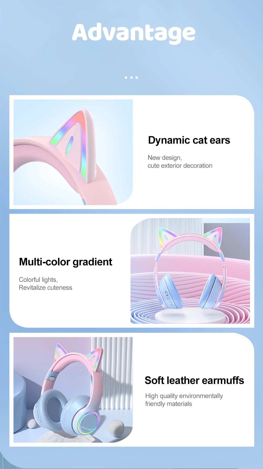 RGB Cat Ear Bluetooth Headphones For Girls Gradient Wireless Headphones With Microphone Stereo Music Game Earphones Kids Gifts