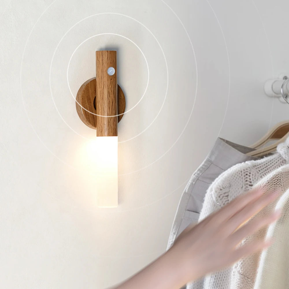 Smart Motion Sensor LED Wall Light LED Rechargeable Magnetic Wall Lamp Night Light Wood Wall Light Kitchen Cabinet Light Lamp