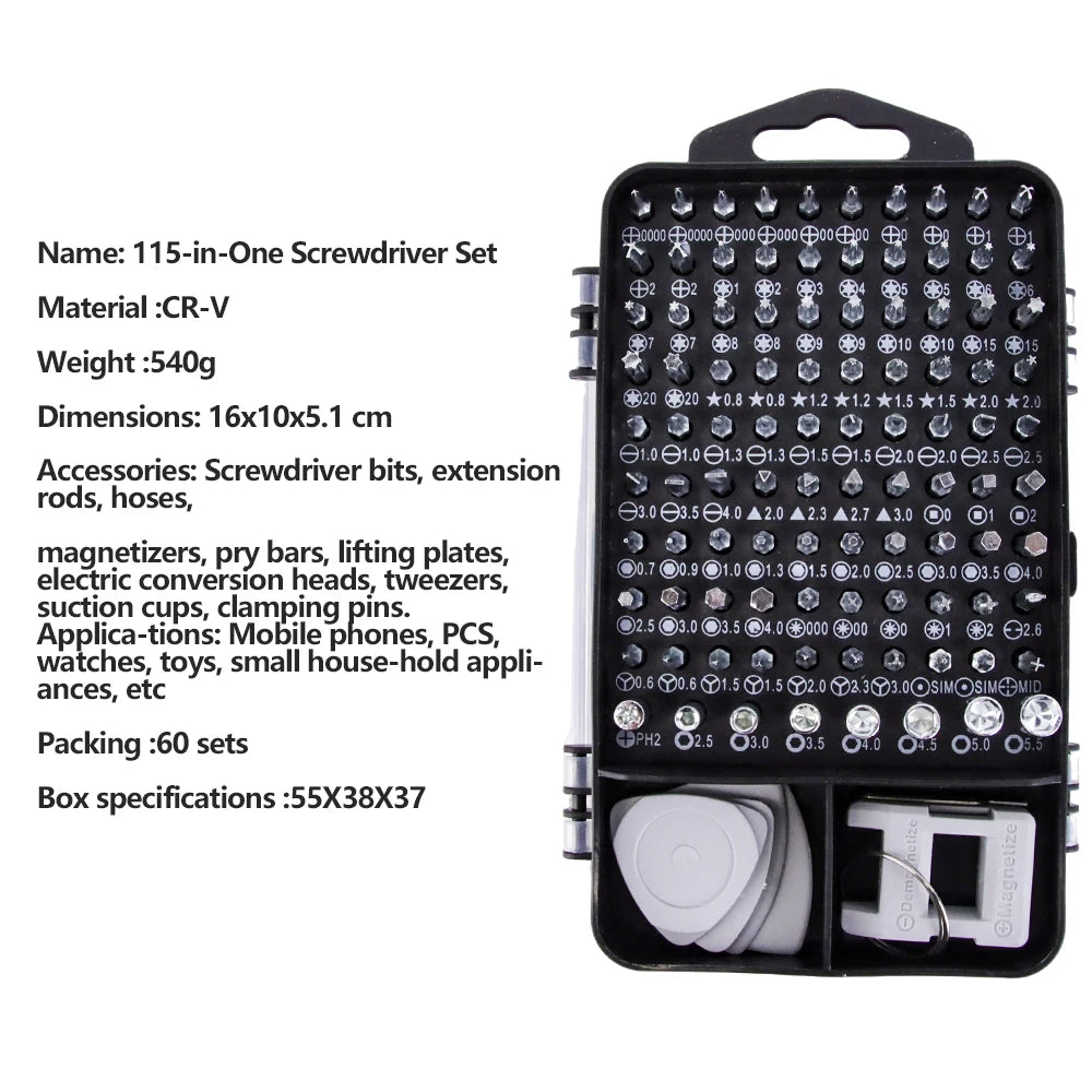 115 in1 Precision Screwdriver Kit, Includes Magnetic Tips, Ideal for Electronics and Laptop Repairs, Professional Nut Driver New