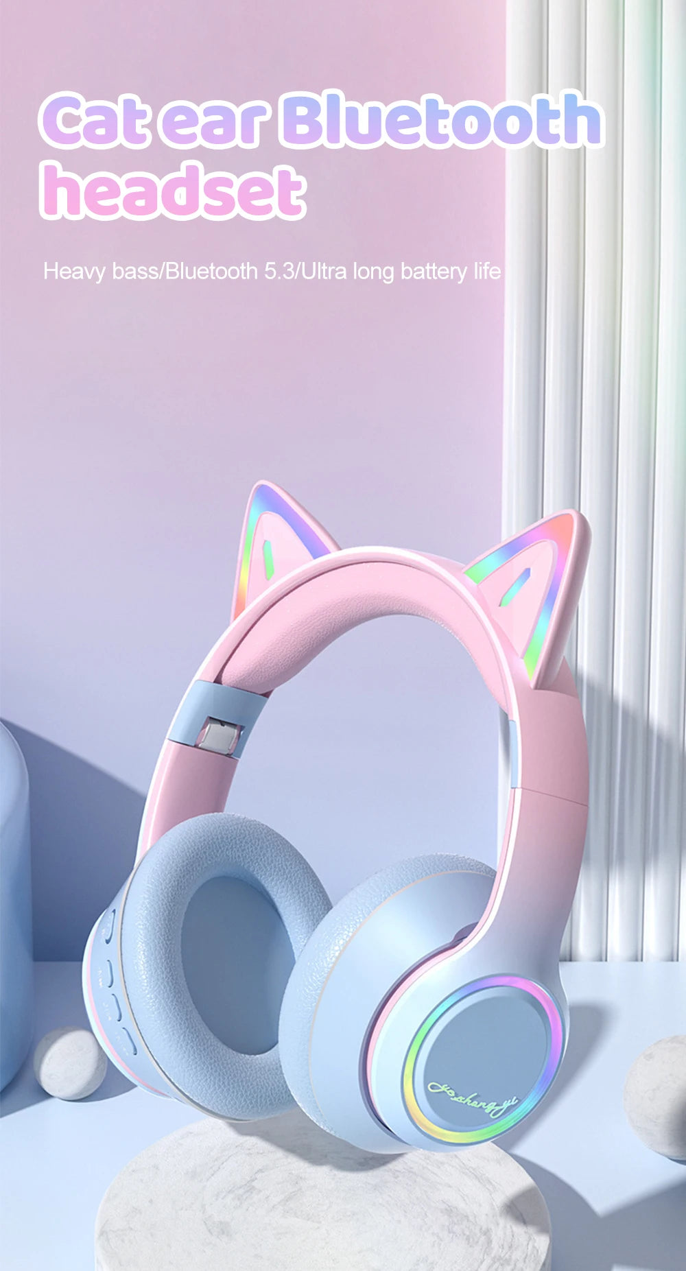 RGB Cat Ear Bluetooth Headphones For Girls Gradient Wireless Headphones With Microphone Stereo Music Game Earphones Kids Gifts