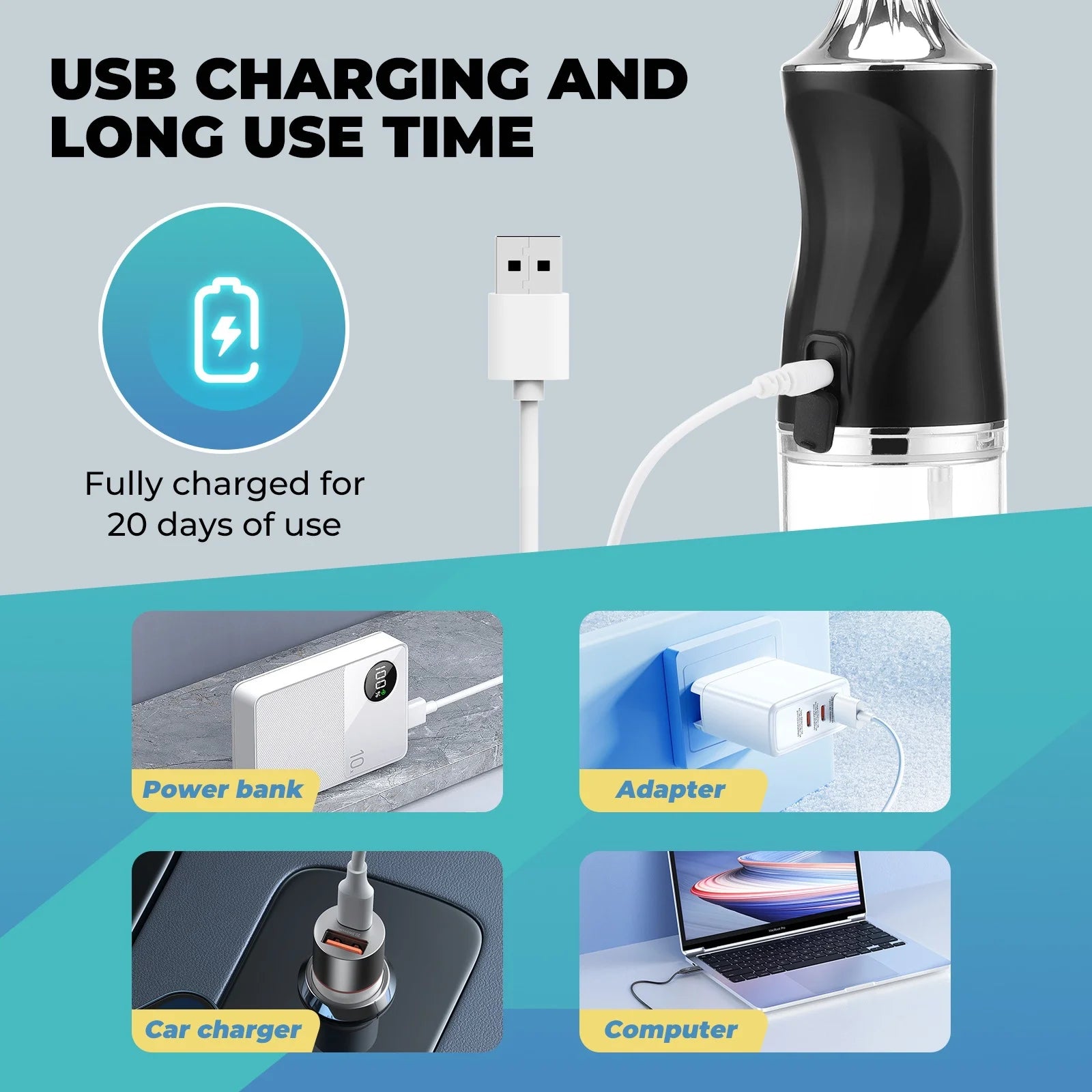 Oral Irrigator Portable Water Flosser USB Rechargeable Water Jet Floss Tooth Pick 4 Jet Tip 220ml 3 Modes