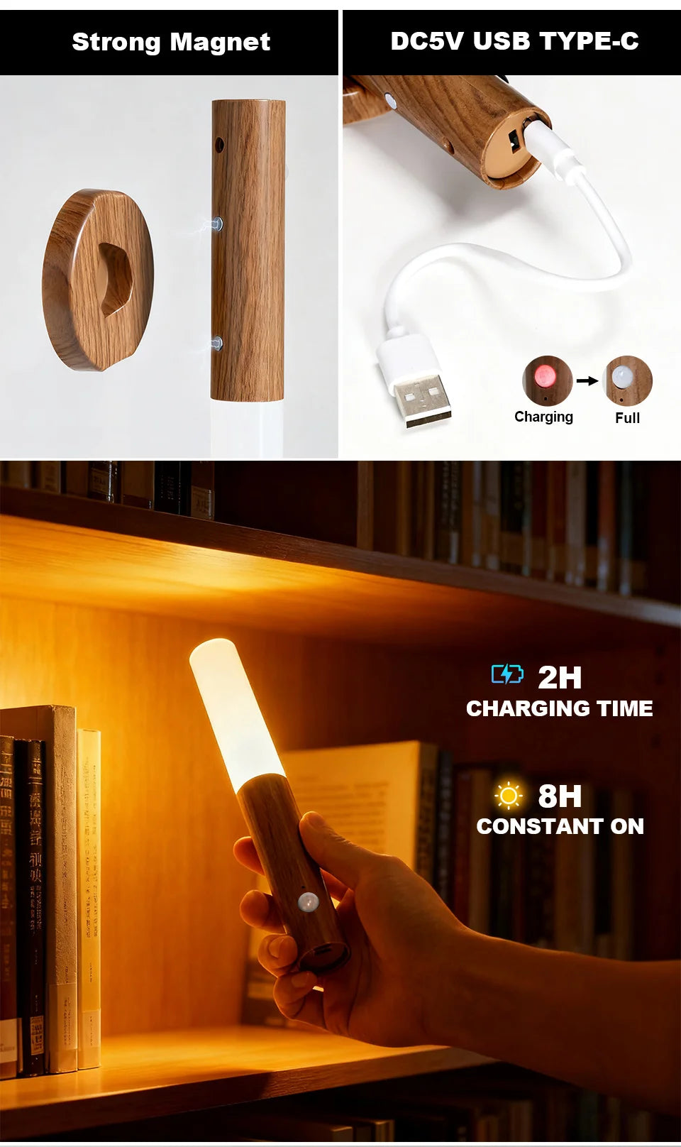 Smart Motion Sensor LED Wall Light LED Rechargeable Magnetic Wall Lamp Night Light Wood Wall Light Kitchen Cabinet Light Lamp