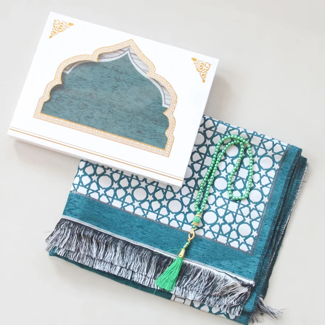 Ramadan Eid Gift Set Islamic Prayer Rug with Tasbih Beads Premium Prayer Mat in Gift Bag or Box Ideal for Muslim Men Women