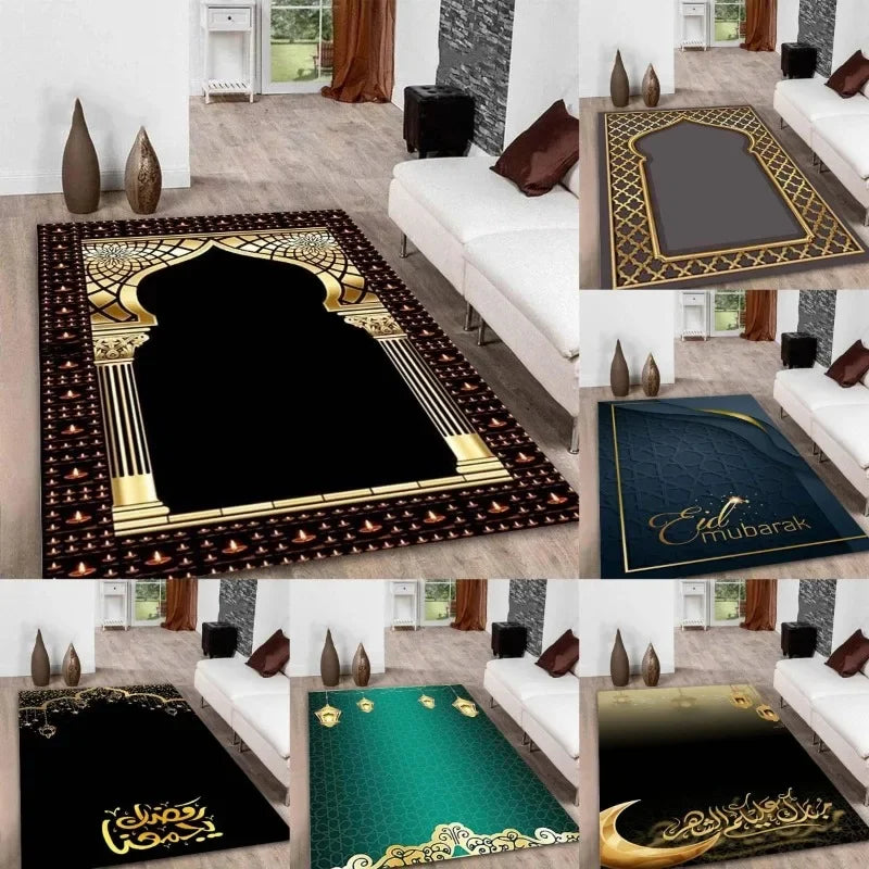 Ramadan Kareem Muslim Prayer Floor Mat Soft Poly Kneeling Rug for Islam Festival Worship Non-Slip Carpet for Home or Mosque Area