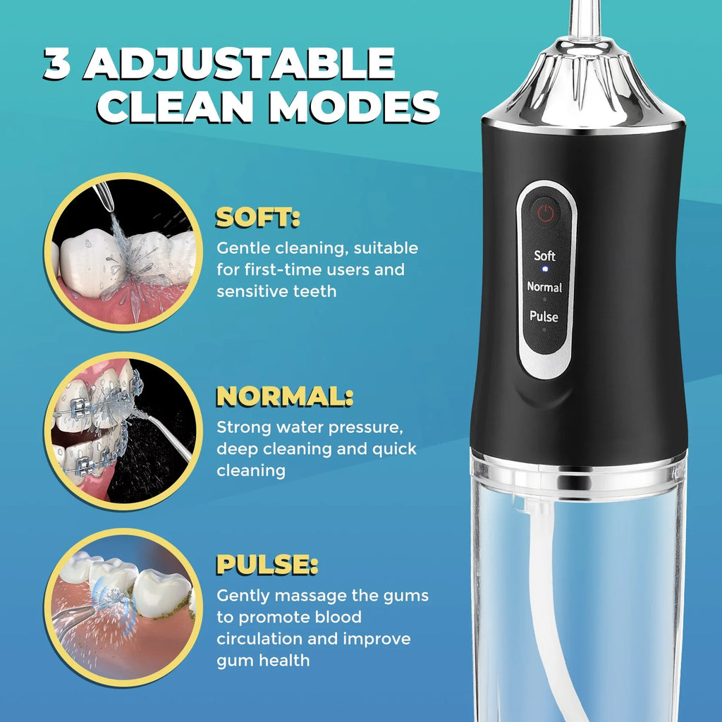Oral Irrigator Portable Water Flosser USB Rechargeable Water Jet Floss Tooth Pick 4 Jet Tip 220ml 3 Modes