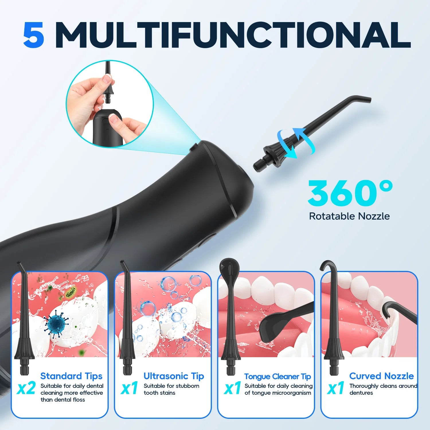 Portable Oral Irrigator with 5 Jet Tips , 5 Cleaning Modes of 3 water pressure , 300ml Water Tank IPX7 Waterproof Water Flosser