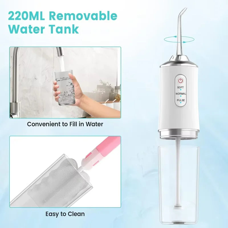 Oral Irrigator Portable Water Flosser USB Rechargeable Water Jet Floss Tooth Pick 4 Jet Tip 220ml 3 Modes
