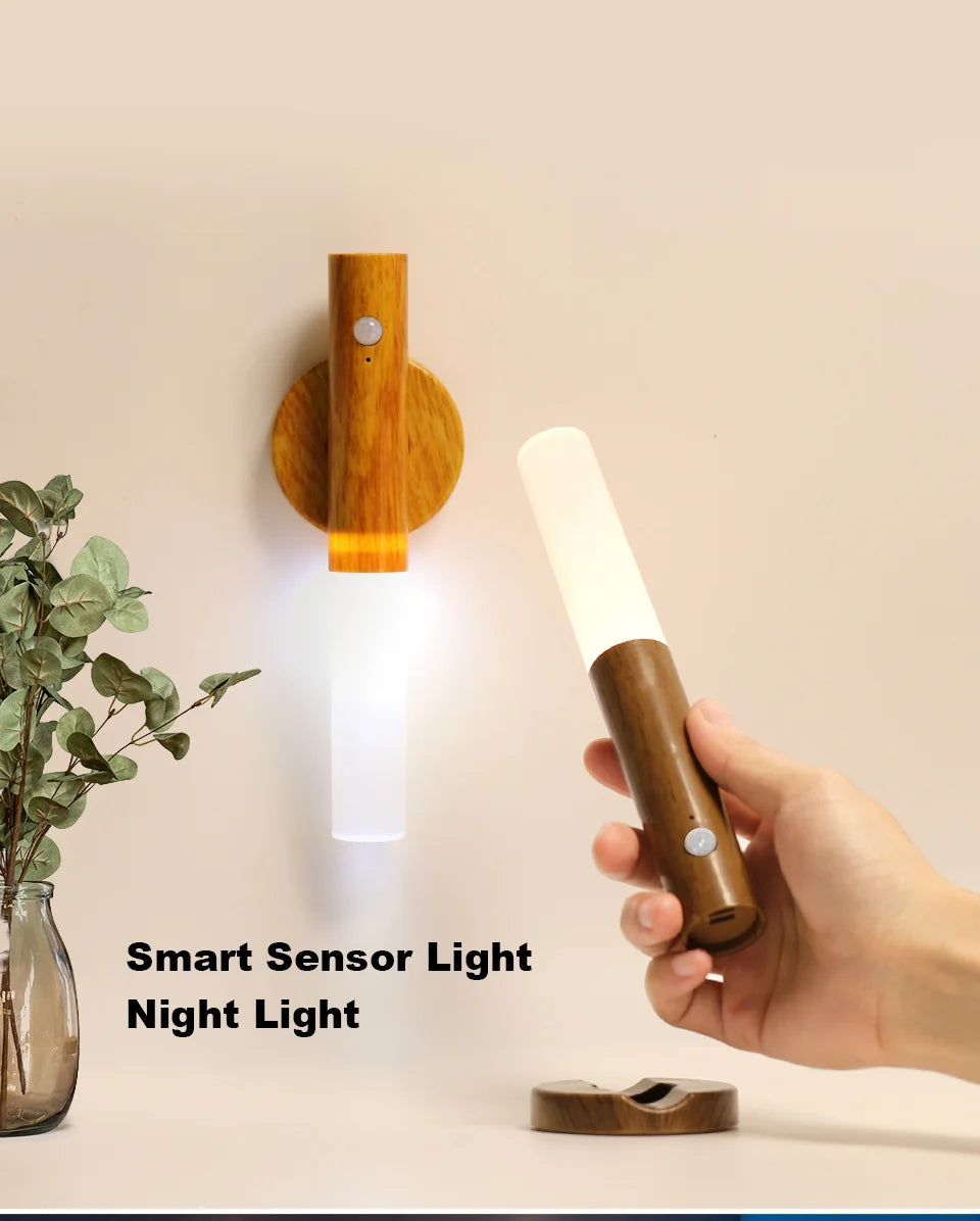 Smart Motion Sensor LED Wall Light LED Rechargeable Magnetic Wall Lamp Night Light Wood Wall Light Kitchen Cabinet Light Lamp
