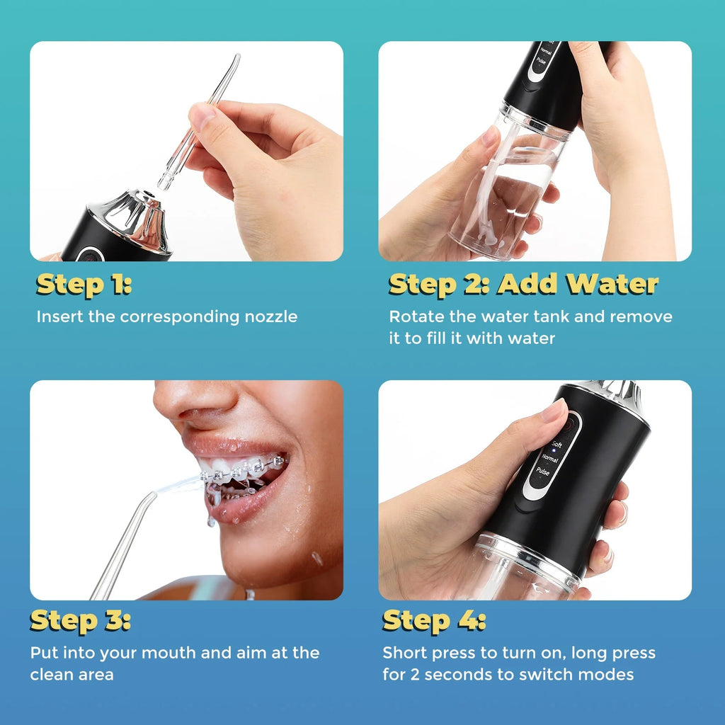 Oral Irrigator Portable Water Flosser USB Rechargeable Water Jet Floss Tooth Pick 4 Jet Tip 220ml 3 Modes