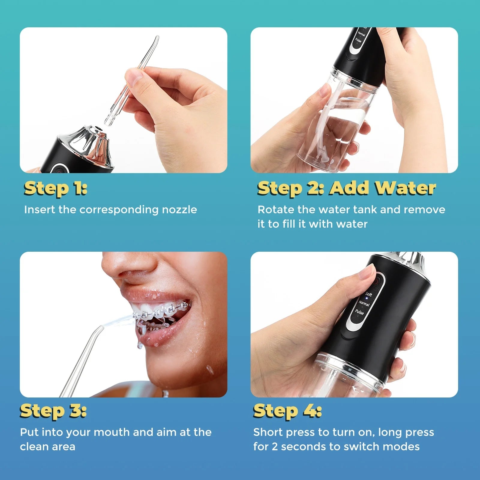 Oral Irrigator Portable Water Flosser USB Rechargeable Water Jet Floss Tooth Pick 4 Jet Tip 220ml 3 Modes