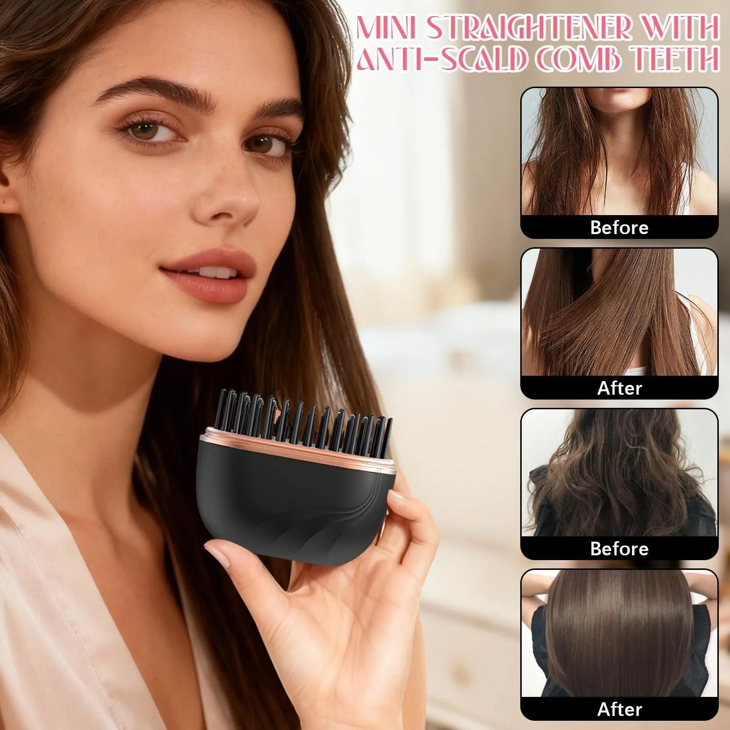 Mini Rechargeable Hair Straightener Brush: 3-Speed Temp Control, Anti-Scald Shell, Lightweight & Portable for Travel
